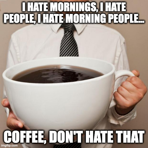 Coffee love |  I HATE MORNINGS, I HATE PEOPLE, I HATE MORNING PEOPLE... COFFEE, DON'T HATE THAT | image tagged in coffee addict,coffee,coffee lol,giant coffee,mornings | made w/ Imgflip meme maker