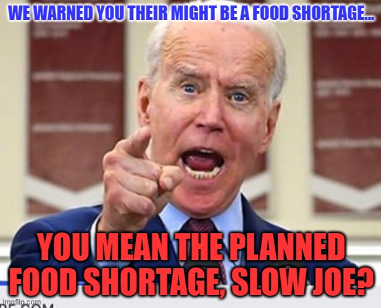 Joe Biden no malarkey | WE WARNED YOU THEIR MIGHT BE A FOOD SHORTAGE... YOU MEAN THE PLANNED FOOD SHORTAGE, SLOW JOE? | image tagged in joe biden no malarkey | made w/ Imgflip meme maker