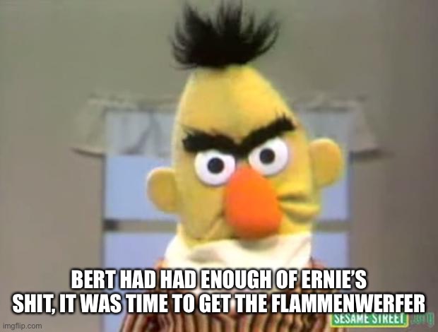 Sesame Street - Angry Bert | BERT HAD HAD ENOUGH OF ERNIE’S SHIT, IT WAS TIME TO GET THE FLAMMENWERFER | image tagged in sesame street - angry bert | made w/ Imgflip meme maker