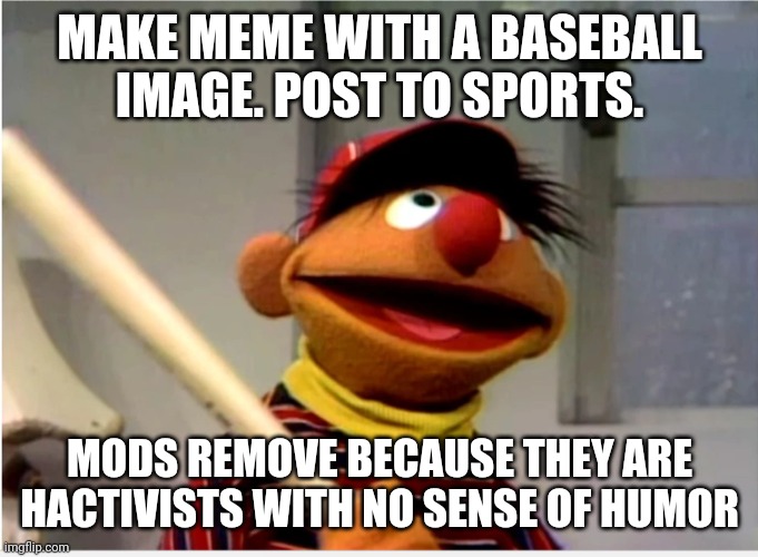 Ernie Baseball | MAKE MEME WITH A BASEBALL IMAGE. POST TO SPORTS. MODS REMOVE BECAUSE THEY ARE HACTIVISTS WITH NO SENSE OF HUMOR | image tagged in ernie baseball | made w/ Imgflip meme maker