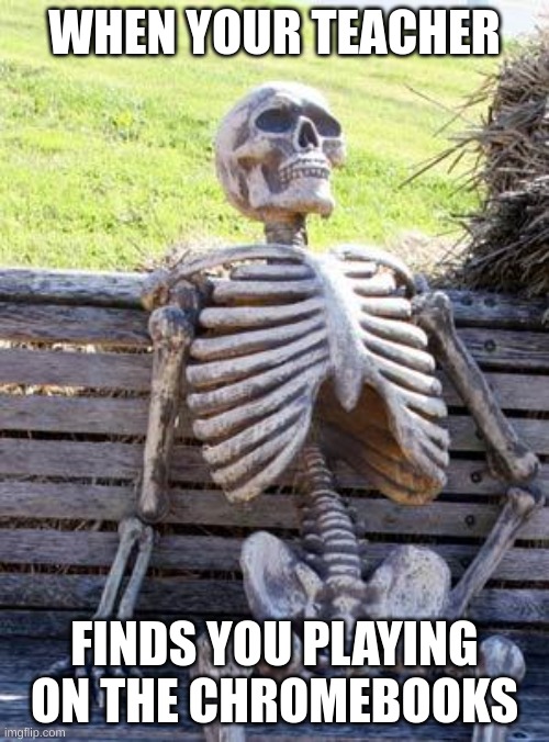 Waiting Skeleton | WHEN YOUR TEACHER; FINDS YOU PLAYING ON THE CHROMEBOOKS | image tagged in memes,waiting skeleton | made w/ Imgflip meme maker