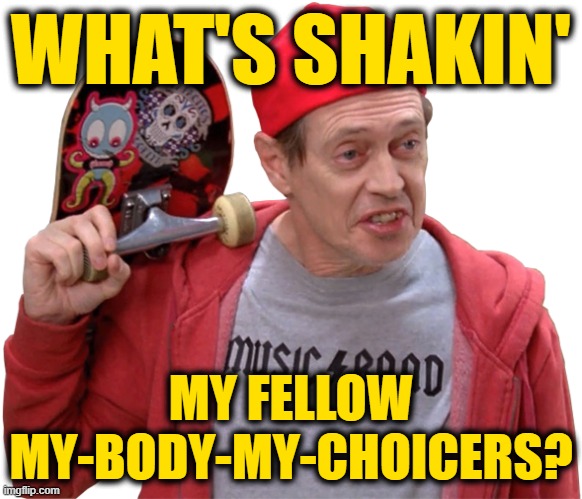 Undercover Buscemi | WHAT'S SHAKIN' MY FELLOW MY-BODY-MY-CHOICERS? | image tagged in undercover buscemi | made w/ Imgflip meme maker