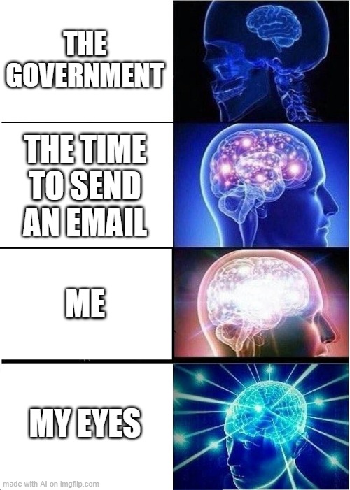 i dont like this | THE GOVERNMENT; THE TIME TO SEND AN EMAIL; ME; MY EYES | image tagged in memes,expanding brain | made w/ Imgflip meme maker