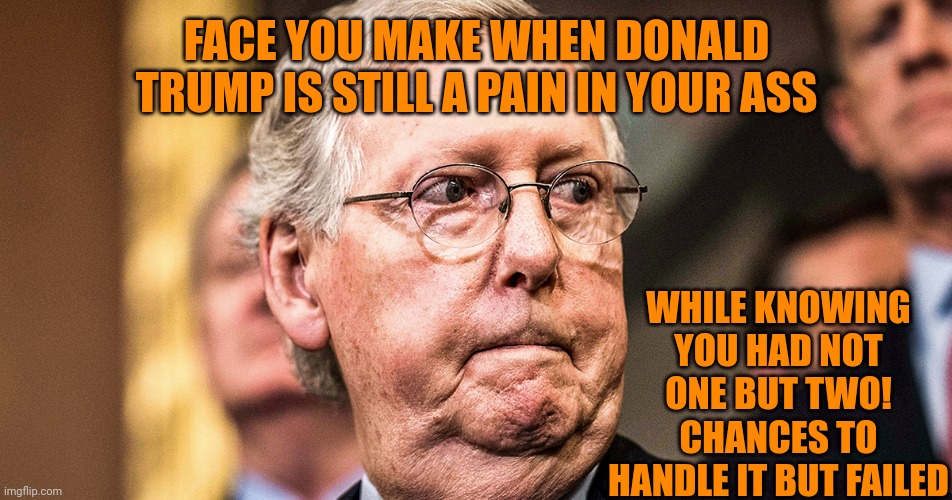 Typical GOP blame others for their own failings | FACE YOU MAKE WHEN DONALD TRUMP IS STILL A PAIN IN YOUR ASS; WHILE KNOWING YOU HAD NOT ONE BUT TWO! CHANCES TO HANDLE IT BUT FAILED | image tagged in mitch mcconnell angry frustrated | made w/ Imgflip meme maker