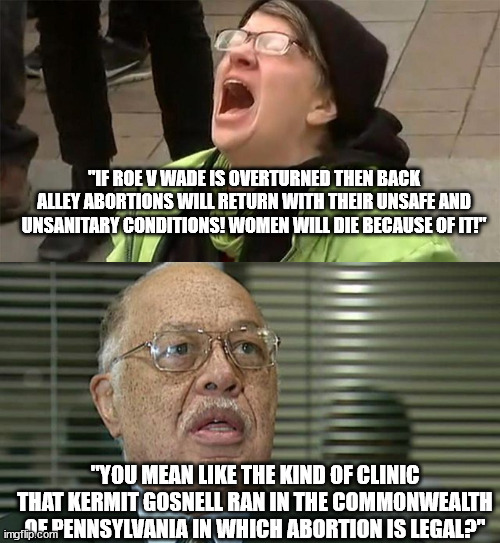 Who knows how many of these places are in states and commonwealths that permit abortion. | "IF ROE V WADE IS OVERTURNED THEN BACK ALLEY ABORTIONS WILL RETURN WITH THEIR UNSAFE AND UNSANITARY CONDITIONS! WOMEN WILL DIE BECAUSE OF IT!"; "YOU MEAN LIKE THE KIND OF CLINIC THAT KERMIT GOSNELL RAN IN THE COMMONWEALTH OF PENNSYLVANIA IN WHICH ABORTION IS LEGAL?" | image tagged in crying liberal,liberal hypocrisy,stupid liberals,abortion is murder | made w/ Imgflip meme maker