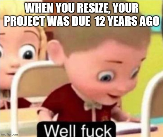 Well frick |  WHEN YOU RESIZE, YOUR PROJECT WAS DUE  12 YEARS AGO | image tagged in well f ck | made w/ Imgflip meme maker