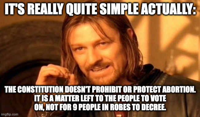 Roe is bad law | IT'S REALLY QUITE SIMPLE ACTUALLY:; THE CONSTITUTION DOESN'T PROHIBIT OR PROTECT ABORTION.

IT IS A MATTER LEFT TO THE PEOPLE TO VOTE ON, NOT FOR 9 PEOPLE IN ROBES TO DECREE. | image tagged in memes,one does not simply,abortion | made w/ Imgflip meme maker