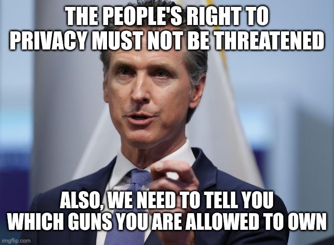 Gavin Newsom Shelter in Place Order | THE PEOPLE'S RIGHT TO PRIVACY MUST NOT BE THREATENED; ALSO, WE NEED TO TELL YOU WHICH GUNS YOU ARE ALLOWED TO OWN | image tagged in gavin newsom shelter in place order | made w/ Imgflip meme maker