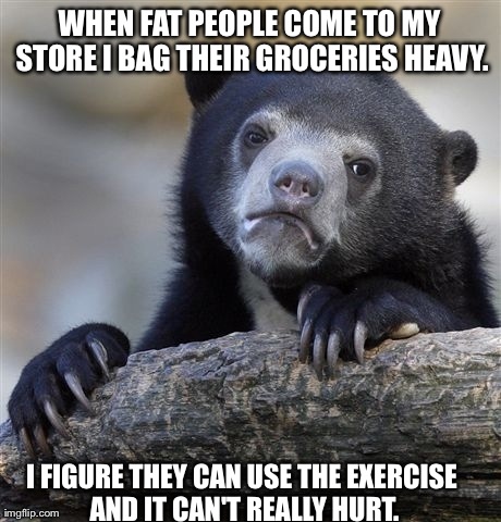 Confession Bear Meme | WHEN FAT PEOPLE COME TO MY STORE I BAG THEIR GROCERIES HEAVY. I FIGURE THEY CAN USE THE EXERCISE AND IT CAN'T REALLY HURT. | image tagged in memes,confession bear,AdviceAnimals | made w/ Imgflip meme maker