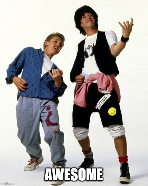 Bill & Ted air guitar | AWESOME | image tagged in bill ted air guitar | made w/ Imgflip meme maker