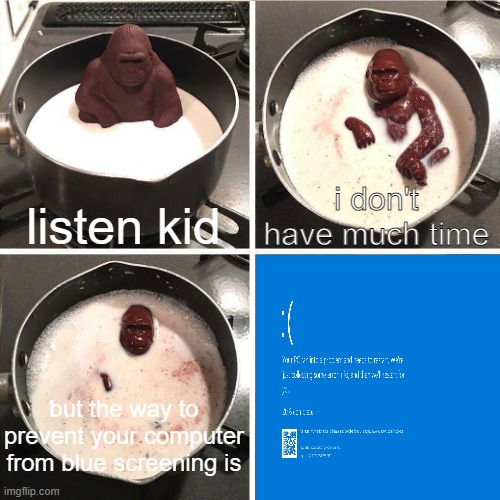 chocolate gorilla |  listen kid; i don't have much time; but the way to prevent your computer from blue screening is | image tagged in chocolate gorilla,blue screen of death,windows,windows 10,crash | made w/ Imgflip meme maker