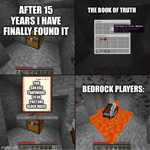 Bedrock be like | THE BOOK OF TRUTH; AFTER 15 YEARS I HAVE FINALLY FOUND IT; YOU CAN USE TRAPDOORS TO GO PAST ONE BLOCK HOLES; BEDROCK PLAYERS: | image tagged in book of truth minecraft | made w/ Imgflip meme maker