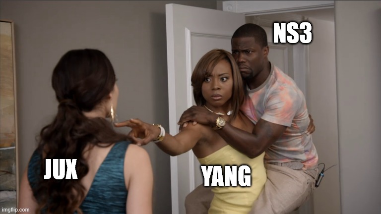 Kevin Hart Carried | NS3; YANG; JUX | image tagged in kevin hart carried | made w/ Imgflip meme maker
