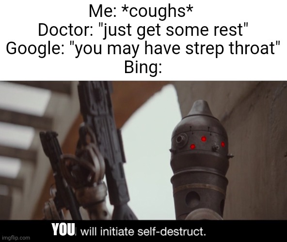 Welp, time to brace for the worst-case scenario | Me: *coughs* 
Doctor: "just get some rest"
Google: "you may have strep throat"
Bing:; YOU | image tagged in i will initiate self-destruct,e | made w/ Imgflip meme maker