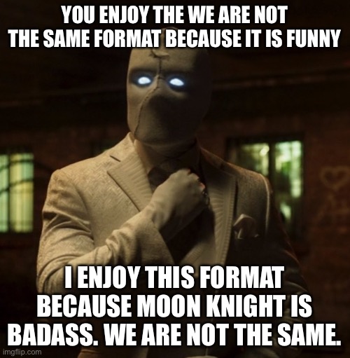 Mr Knight We are not the same | YOU ENJOY THE WE ARE NOT THE SAME FORMAT BECAUSE IT IS FUNNY; I ENJOY THIS FORMAT BECAUSE MOON KNIGHT IS BADASS. WE ARE NOT THE SAME. | image tagged in mr knight we are not the same | made w/ Imgflip meme maker