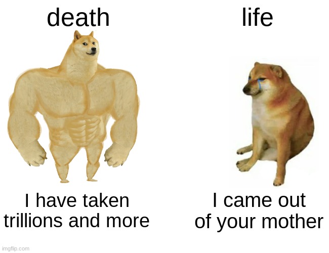 Buff Doge vs. Cheems |  death; life; I have taken trillions and more; I came out of your mother | image tagged in memes,buff doge vs cheems | made w/ Imgflip meme maker