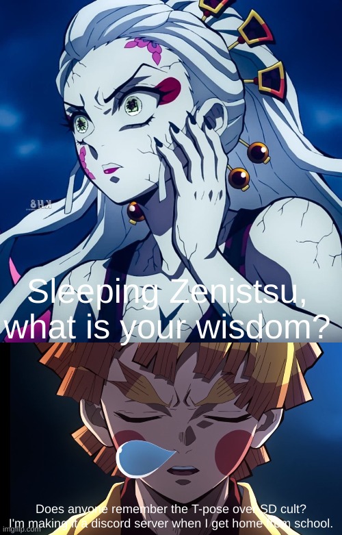 Sleeping Zenitsu, what is your wisdom? | Does anyone remember the T-pose over SD cult? I'm making it a discord server when I get home from school. | image tagged in sleeping zenitsu what is your wisdom | made w/ Imgflip meme maker