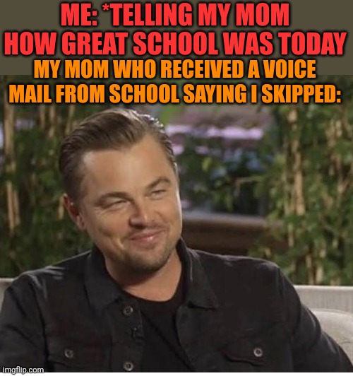 ME: *TELLING MY MOM HOW GREAT SCHOOL WAS TODAY; MY MOM WHO RECEIVED A VOICE MAIL FROM SCHOOL SAYING I SKIPPED: | image tagged in funny memes | made w/ Imgflip meme maker