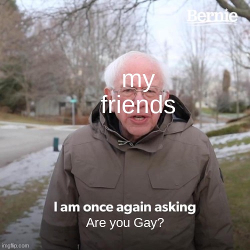 Relatible | my friends; Are you Gay? | image tagged in memes,bernie i am once again asking for your support | made w/ Imgflip meme maker