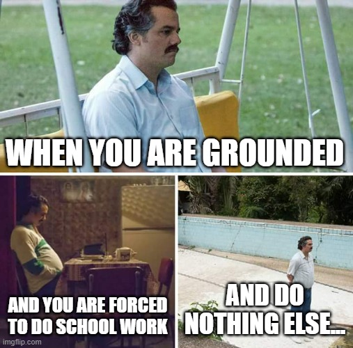 It's me right now, RIP. | WHEN YOU ARE GROUNDED; AND YOU ARE FORCED TO DO SCHOOL WORK; AND DO NOTHING ELSE... | image tagged in memes,sad pablo escobar | made w/ Imgflip meme maker