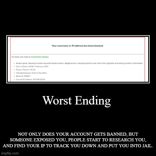 Getting Banned on Fandom: Worst Ending | image tagged in funny,demotivationals | made w/ Imgflip demotivational maker