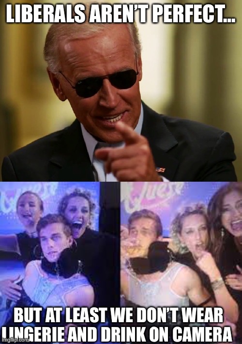 LIBERALS AREN’T PERFECT…; BUT AT LEAST WE DON’T WEAR LINGERIE AND DRINK ON CAMERA | image tagged in cool joe biden,liberals,congress,senators | made w/ Imgflip meme maker