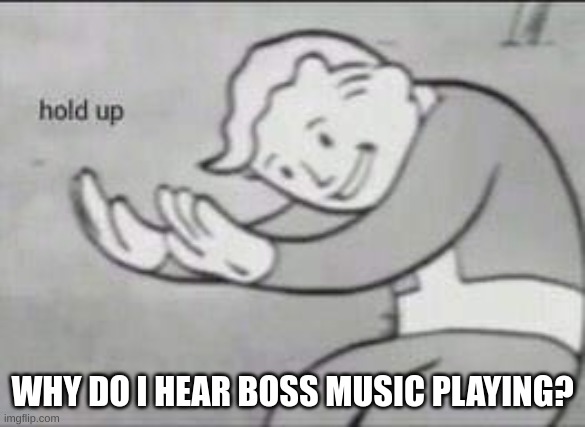 Fallout Hold Up | WHY DO I HEAR BOSS MUSIC PLAYING? | image tagged in fallout hold up | made w/ Imgflip meme maker