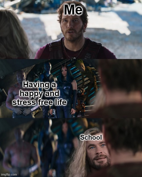 true | Me; Having a happy and stress free life; School | image tagged in thor love and thunder | made w/ Imgflip meme maker