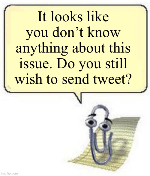 If only | It looks like you don’t know anything about this issue. Do you still wish to send tweet? | image tagged in clippy blank box | made w/ Imgflip meme maker