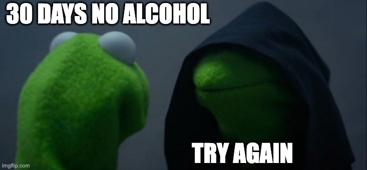 Cinco de Mayo struggles | 30 DAYS NO ALCOHOL; TRY AGAIN | image tagged in memes,evil kermit | made w/ Imgflip meme maker