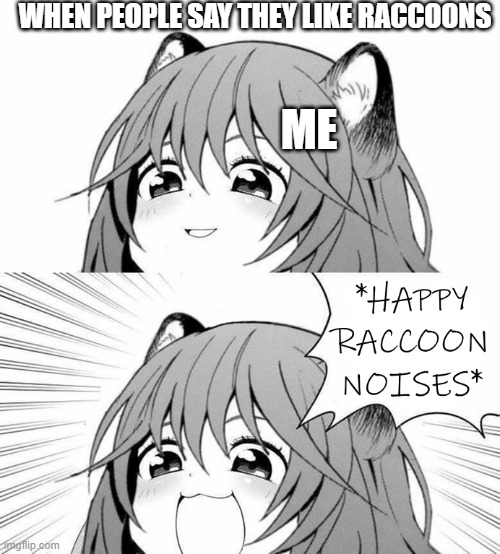 I like raccoons | WHEN PEOPLE SAY THEY LIKE RACCOONS; ME | image tagged in happy raccoon noises | made w/ Imgflip meme maker