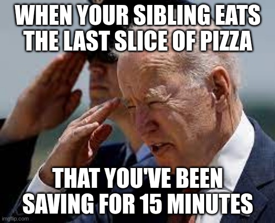 Pathetic Joe Biden | WHEN YOUR SIBLING EATS THE LAST SLICE OF PIZZA; THAT YOU'VE BEEN SAVING FOR 15 MINUTES | image tagged in pathetic joe biden | made w/ Imgflip meme maker