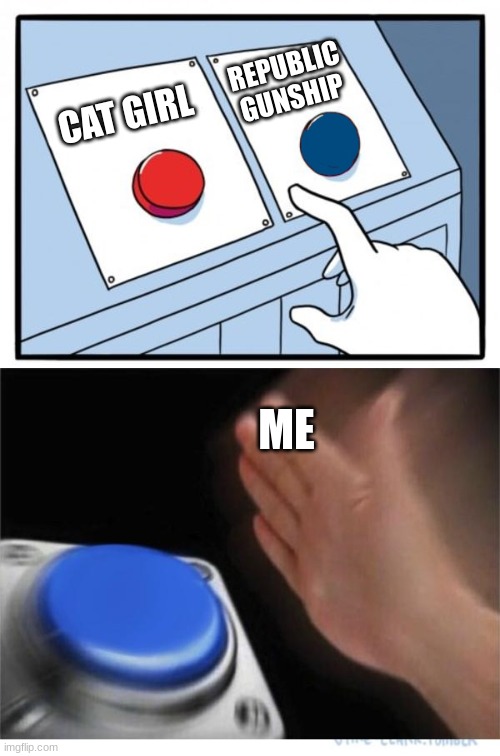 two buttons 1 blue | CAT GIRL REPUBLIC GUNSHIP ME | image tagged in two buttons 1 blue | made w/ Imgflip meme maker