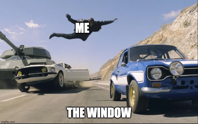 this seems fun | ME; THE WINDOW | image tagged in fast and furious jump | made w/ Imgflip meme maker