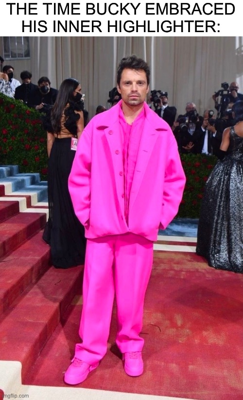 There is no way Sam would EVER let this go | THE TIME BUCKY EMBRACED HIS INNER HIGHLIGHTER: | image tagged in bucky barnes,sebastian stan,highlighter,met gala,met gala 2022 | made w/ Imgflip meme maker