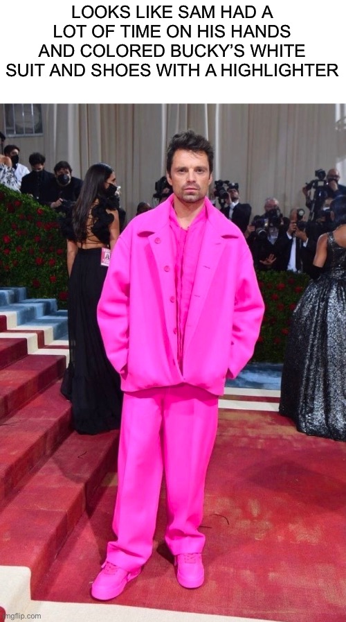 Highlighter Barnes | LOOKS LIKE SAM HAD A LOT OF TIME ON HIS HANDS AND COLORED BUCKY’S WHITE SUIT AND SHOES WITH A HIGHLIGHTER | image tagged in bucky barnes,sebastian stan,sam wilson,highlighter,met gala 2022 | made w/ Imgflip meme maker
