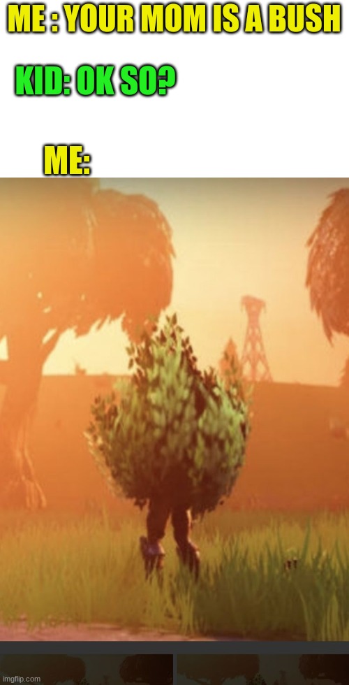 Inside the bush | ME : YOUR MOM IS A BUSH; KID: OK SO? ME: | image tagged in fortnite bush | made w/ Imgflip meme maker