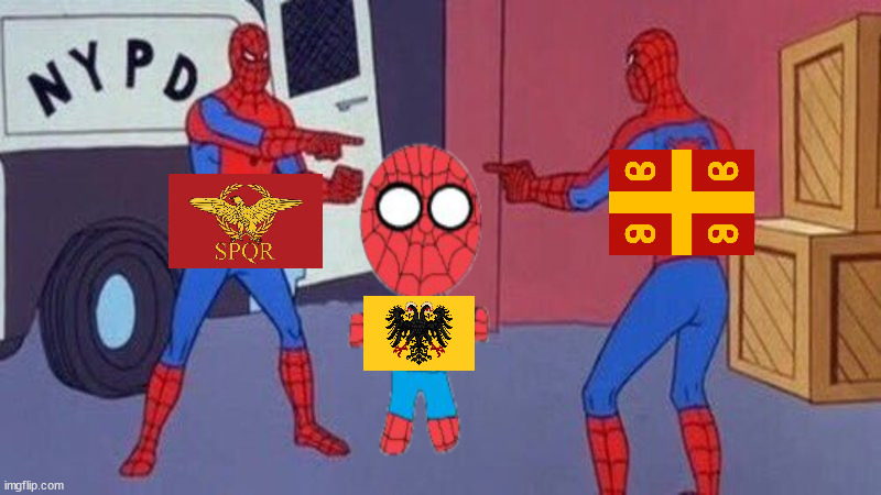 Not all Romes are the same | image tagged in spiderman pointing at spiderman,holy roman empire,roman empire,byzantine empire | made w/ Imgflip meme maker