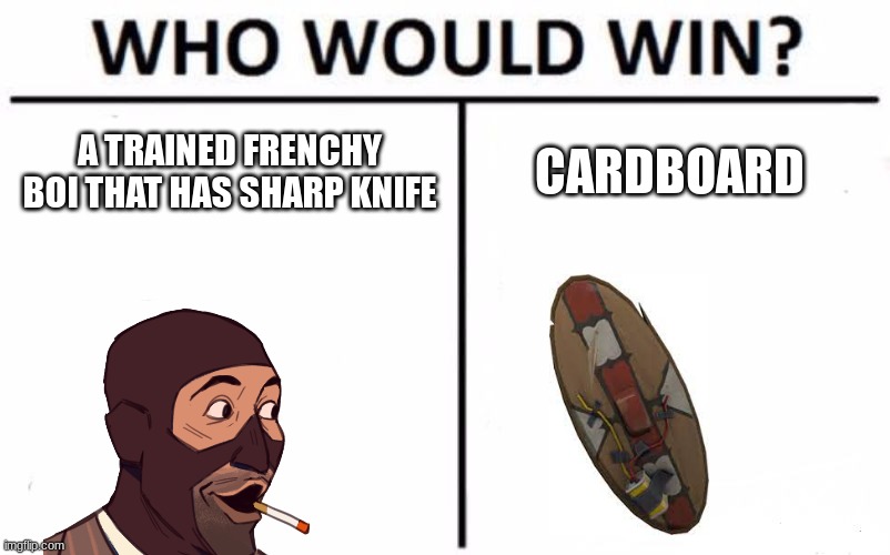 your average team fortress two post | A TRAINED FRENCHY BOI THAT HAS SHARP KNIFE; CARDBOARD | image tagged in back stabbing frenchy boi | made w/ Imgflip meme maker