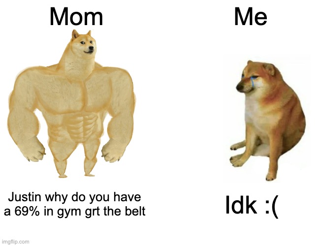 Buff Doge vs. Cheems | Mom; Me; Justin why do you have a 69% in gym grt the belt; Idk :( | image tagged in memes,buff doge vs cheems | made w/ Imgflip meme maker