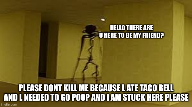 backrooms | HELLO THERE ARE U HERE TO BE MY FRIEND? PLEASE DONT KILL ME BECAUSE L ATE TACO BELL AND L NEEDED TO GO POOP AND I AM STUCK HERE PLEASE | image tagged in backrooms | made w/ Imgflip meme maker