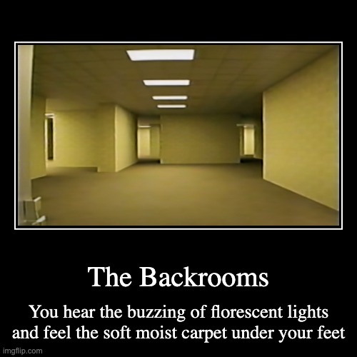 The Backrooms | You hear the buzzing of florescent lights and feel the soft moist carpet under your feet | image tagged in funny,demotivationals | made w/ Imgflip demotivational maker