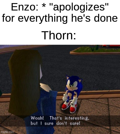 woah that's interesting but i sure dont care | Enzo: * "apologizes" for everything he's done; Thorn: | image tagged in woah that's interesting but i sure dont care | made w/ Imgflip meme maker