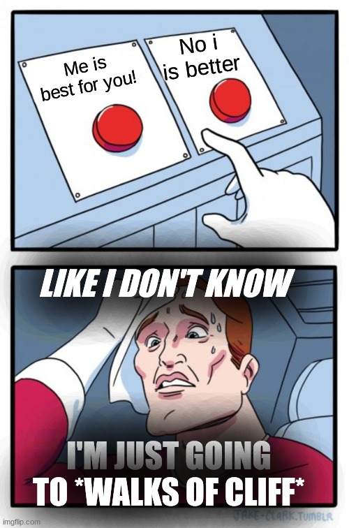 Two Buttons Meme | No i is better; Me is best for you! LIKE I DON'T KNOW; I'M JUST GOING TO *WALKS OF CLIFF* | image tagged in memes,two buttons | made w/ Imgflip meme maker