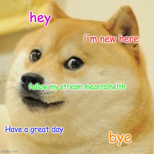 Doge Meme | hey; i'm new here; fallow my stream meantalhelth; Have a great day; bye | image tagged in memes,doge | made w/ Imgflip meme maker