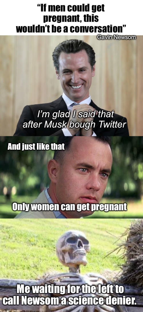 Another science denying progressive | “If men could get pregnant, this wouldn’t be a conversation”; Gavin Newsom; I’m glad I said that after Musk bough Twitter; And just like that; Only women can get pregnant; Me waiting for the left to call Newsom a science denier. | image tagged in scheming gavin newsom,forest gump,memes,waiting skeleton,politics lol | made w/ Imgflip meme maker