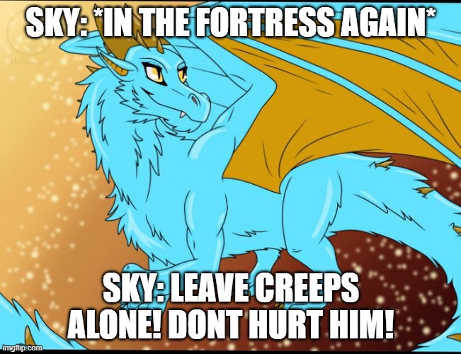 Sky Dragon | SKY: *IN THE FORTRESS AGAIN*; SKY: LEAVE CREEPS ALONE! DONT HURT HIM! | image tagged in sky dragon | made w/ Imgflip meme maker