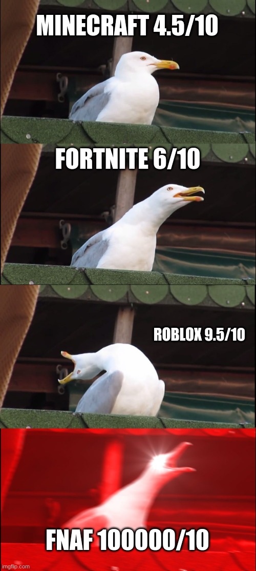 Inhaling Seagull | MINECRAFT 4.5/10; FORTNITE 6/10; ROBLOX 9.5/10; FNAF 100000/10 | image tagged in memes,inhaling seagull | made w/ Imgflip meme maker