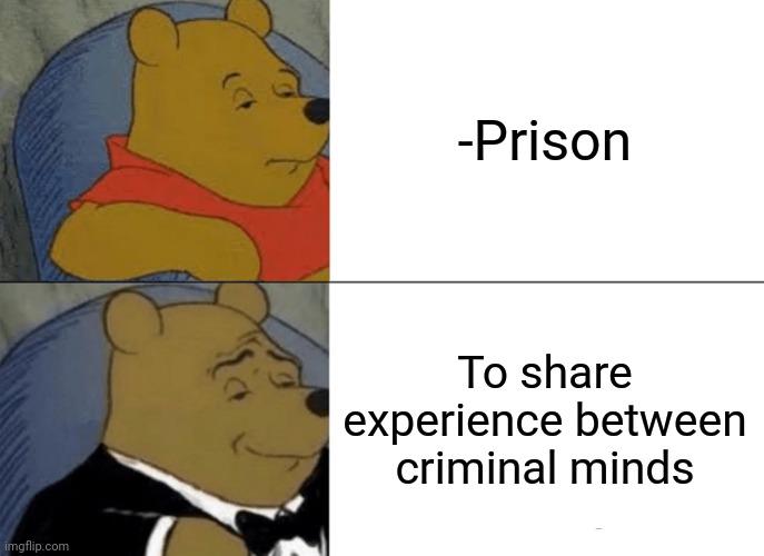 -High education. | -Prison; To share experience between criminal minds | image tagged in memes,tuxedo winnie the pooh,prison bars,university,experience,criminal minds | made w/ Imgflip meme maker