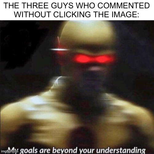 my goals are beyond your understanding | THE THREE GUYS WHO COMMENTED WITHOUT CLICKING THE IMAGE: | image tagged in my goals are beyond your understanding | made w/ Imgflip meme maker